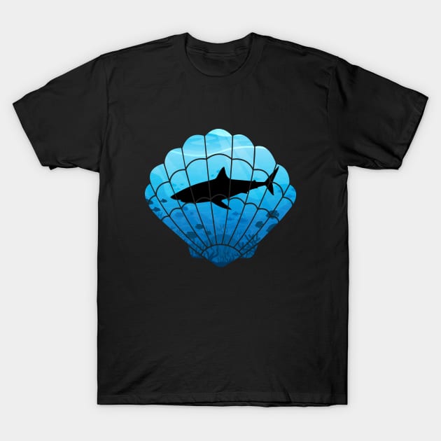 Shark in the ocean, black shark, blue ocean, seashell art T-Shirt by Julorzo